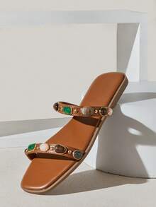 SHUZIA 女士简约舒适耐穿双带金属装饰平底凉鞋 - 紫紅色 - 查看 7