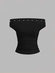 Sweetra 女士时尚高街风斜肩修身休闲舒适T恤套装，春夏款 - 彩色 - 查看 7