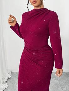 Cravure Plus Size Women's Metallic Shiny Textured Glitter Party Dress, Waist Cinched, High Slit Hem, Elegant & Sophisticated - Burgundy - View 3