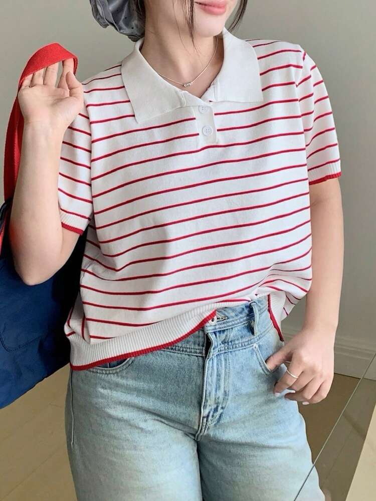 Dazy Plus Solid Color Polo Collar Fitted Short Sleeve Knit Top, Spring/Summer/Autumn