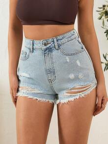 EURMUSE Quần short denim nữ cạp cao, có túi, rách gấu, kiểu dáng thường ngày. - Rửa nhẹ - Xem 5