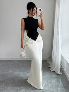 Elenzga Women's Mandarin Collar Color Block Faux Pearl Decor Cutout Back Ruched Elegant Party Maxi Fishtail Dress - Black - View 4