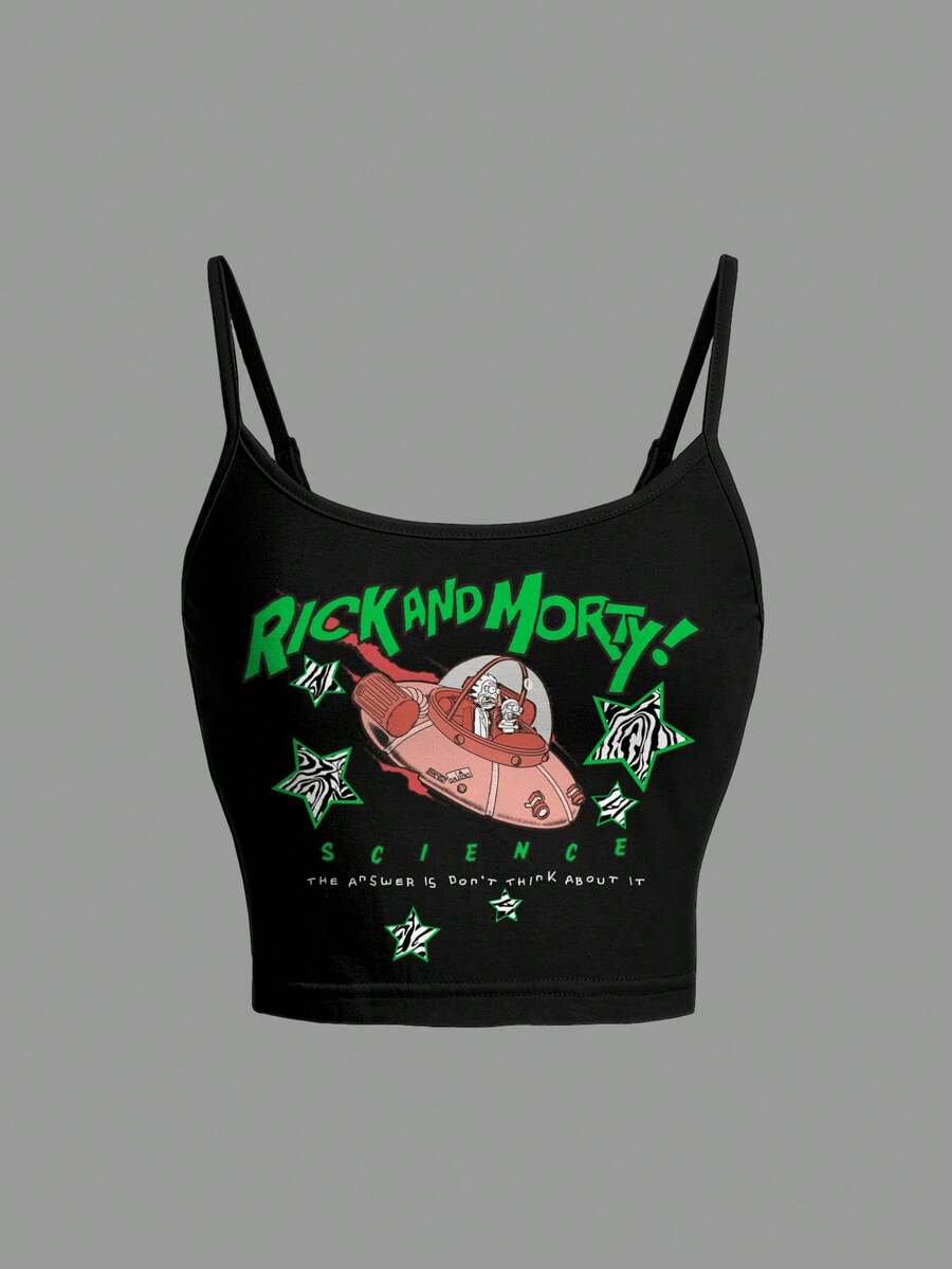 Rick and Morty X SHEIN 女士时尚街头卡通图案露脐吊带背心，夏季 - 白色 - 查看 1