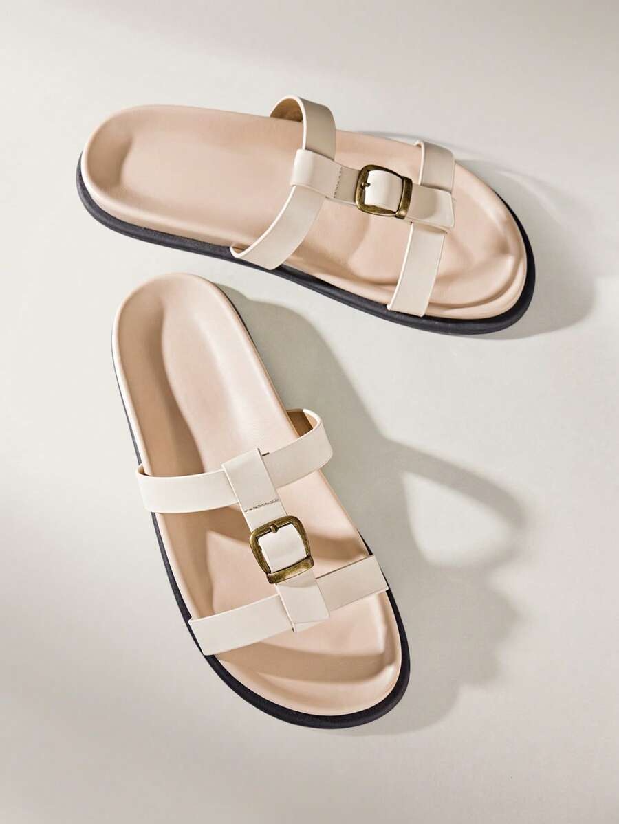 Solecia Women's Buckle Design Casual Fashionable Flat Mule Sandals - Apricot - View 1