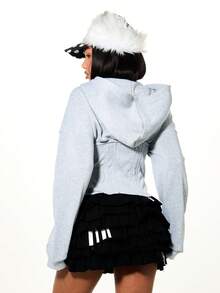 SUMWON WOMEN Oversized Embroidered Graphic Hoodie With Drawstring And Centre Pocket For Casual Winter Street Style - Grey - View 2