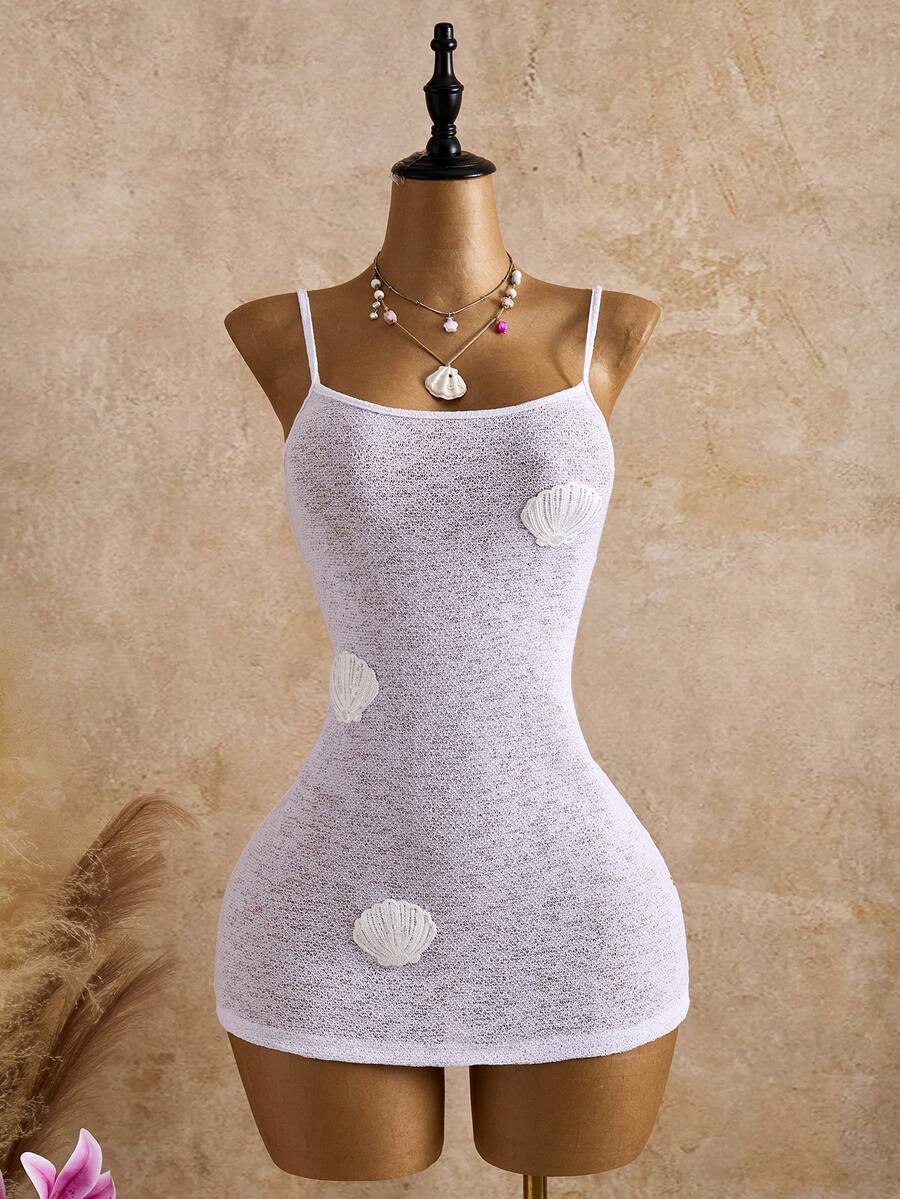 Bellisia 女士夏季度假贝壳拼接紧身吊带连衣裙罩衫 - 白色 - 查看 1