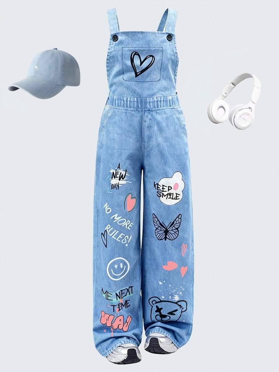 SHEIN Sparklyn 1件超大码女童休闲时尚星形印花宽松牛仔背带裤，适合返校季，浅蓝色；涂鸦爱心蝴蝶字母印花宽松阔腿连体裤，适合春、夏、秋季休闲及度假穿着 - 藍色 - 查看 1