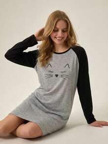 Loomlin Women Contrast Colour Long Sleeve Detail With Cat Face Printed Sleepshirt