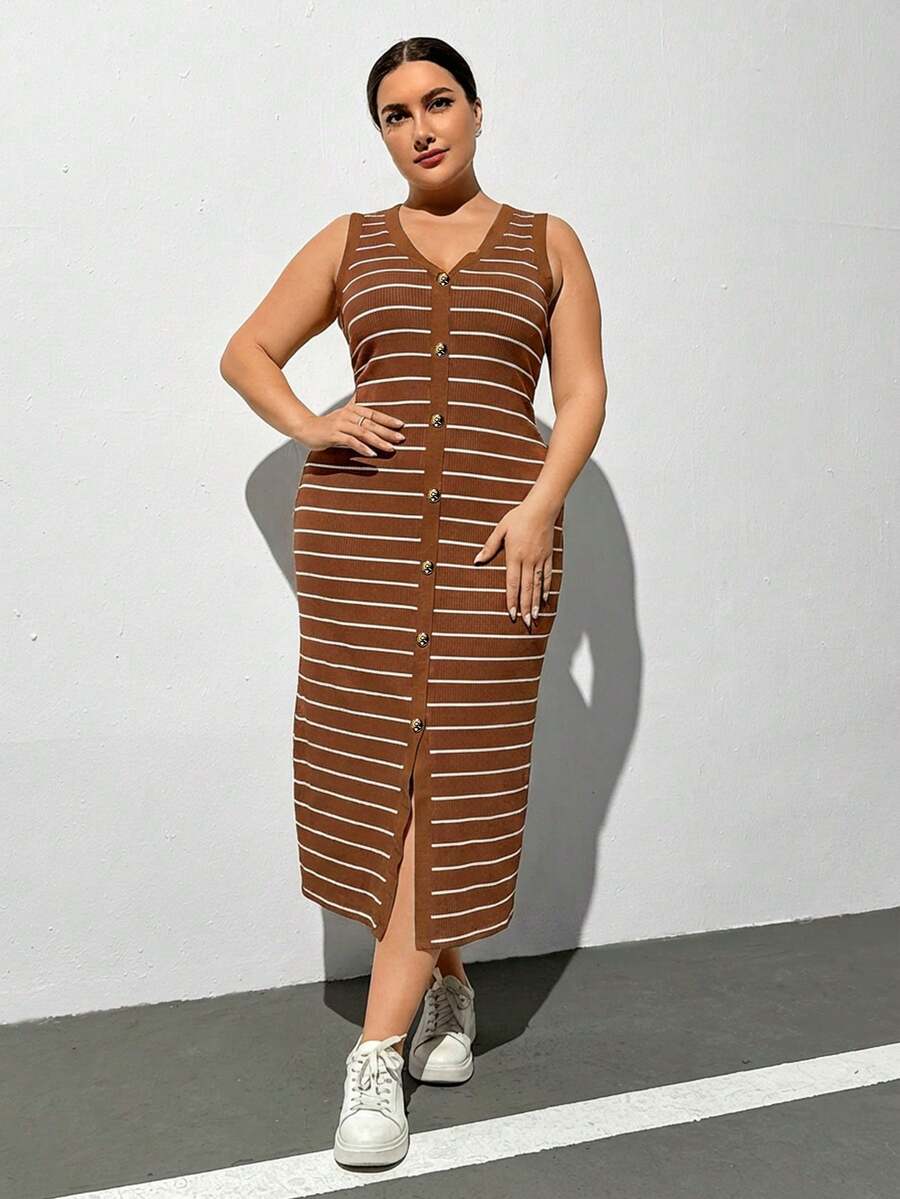 SHEIN Essnce 大码女士条纹V领单排扣优雅收腰派对连衣裙 - 棕色 - 查看 1