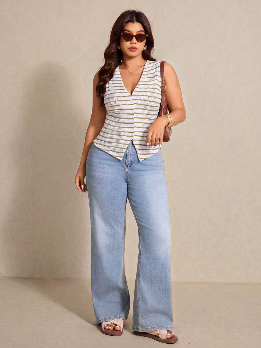 Elaquor 大码女式休闲简约百搭条纹V领上衣，春夏百搭 - 彩色 - 查看 1