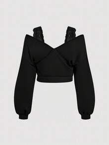 SHEIN MOD Plus Size Women's Solid Color Contrast Lace Off-Shoulder Long Sleeve Sweatshirt - Black - View 2