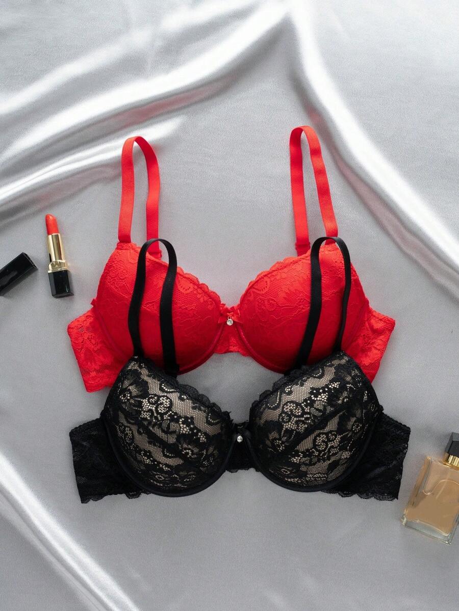 DesireSculpt 2pcs Romantic Lace Bra Set, Lift And Support, Enhances Bust, Adjustable - Multicolor - View 1