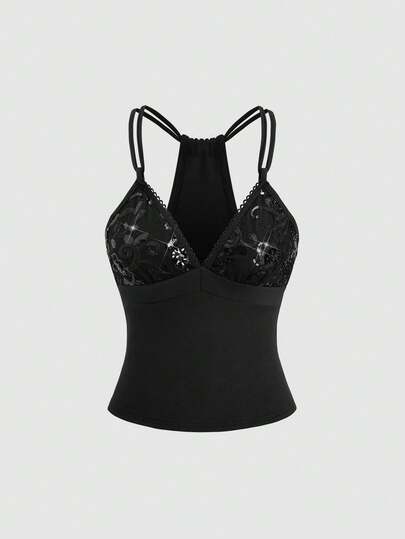 Sweetra Sexy Backless Sequin Patchwork V-Neck Tank Top, Fitted Waist, Revealing Back, Elegant Summer Tank Top For Women