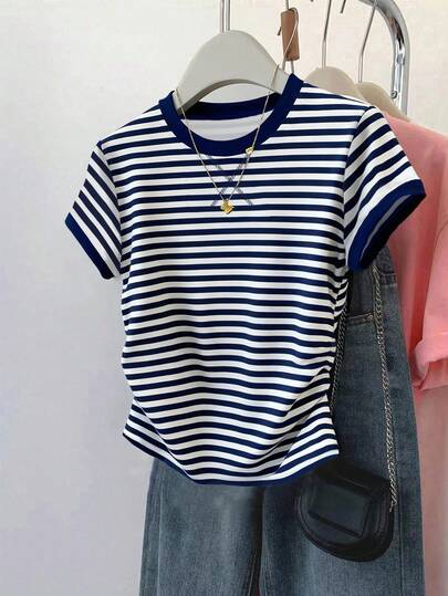 Resyla 女士户外上衣，夏季新款，多色条纹，白色，藏青色，户外服饰，修身褶皱腰部T恤，女士T恤