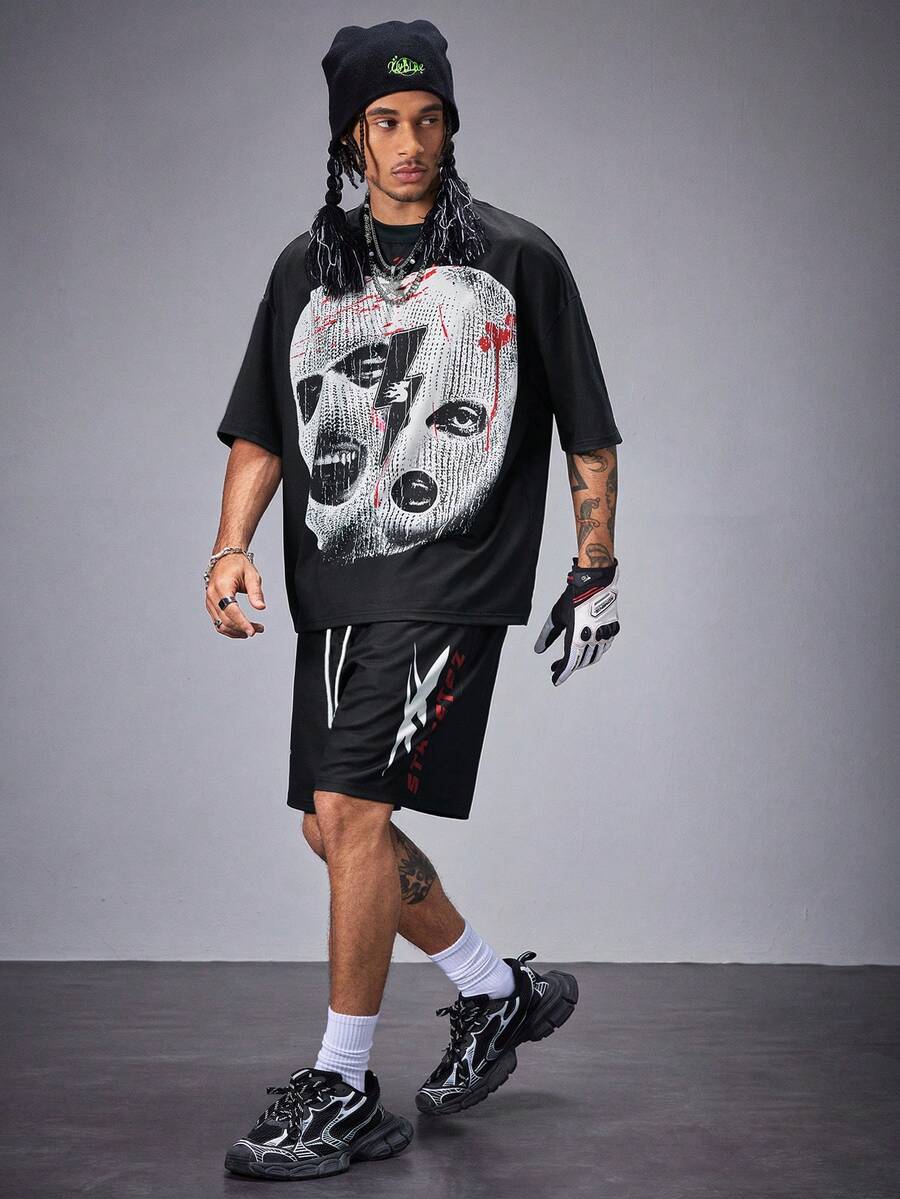 Manfinity VCAY Men's Digital Print Loose Knitted Crew Neck T-Shirt Set - Black - View 1