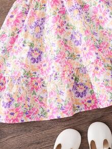 SHEIN 少女碎花荷叶边领休闲连衣裙 - 粉色 - 查看 6