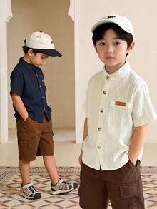 SHEIN 男童贴花前扣休闲短袖衬衫 - 彩色 - 查看 1