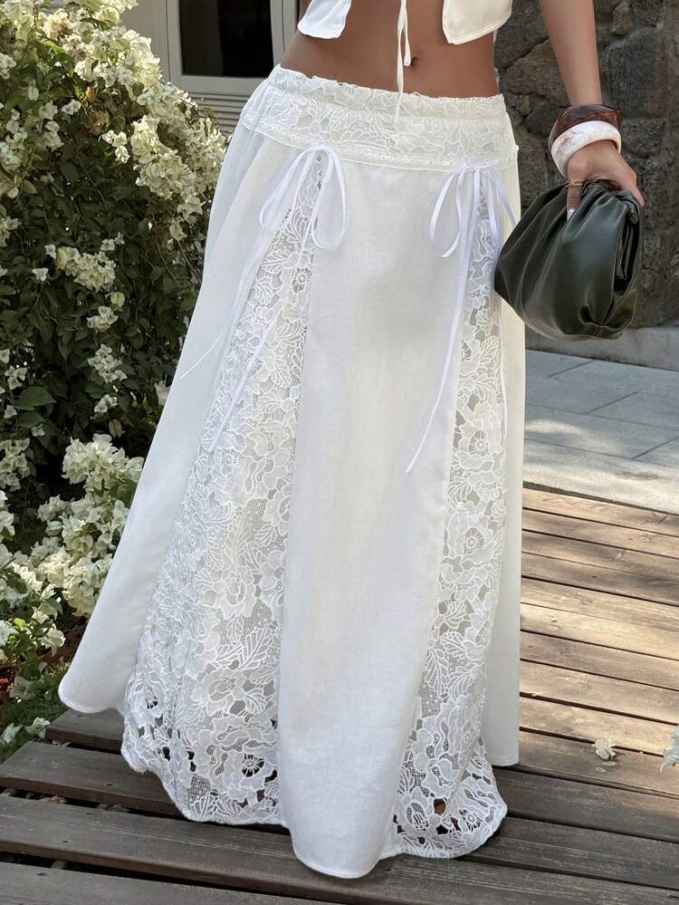 White Lace High Waist Casual Holiday/Easter Skirt For Women, Summer