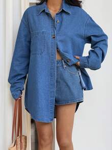 Sunnyshic Casual Loose Denim Jacket For Women - Blue - View 1