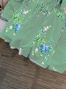 GlowEve CURVE 春夏秋季优雅通勤休闲时尚条纹花卉图案百搭舒适面料衬衫领七分袖上衣搭配松紧腰短裤两件套，蓝白配色，大码 - 綠色 - 查看 4