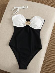 Swim Chiccia 女士春夏沙滩音乐节黑白撞色金属配饰细肩带优雅时尚连体泳衣 - 黑與白 - 查看 5