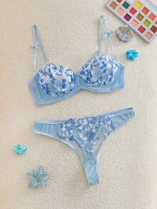 Bonmuse Sexy Lingerie For Women, Blue Mesh, Ultra-Thin, Floral, Patchwork, Embroidered, Molded, Sweet, 2 Pieces Set: Bra + Thong, Cool Light Blue