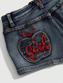 ROMWE Avant Women's Y2K Super Low-Rise Sexy Apple Pocket Embroidered Low Waist Denim Shorts - Blue - View 4