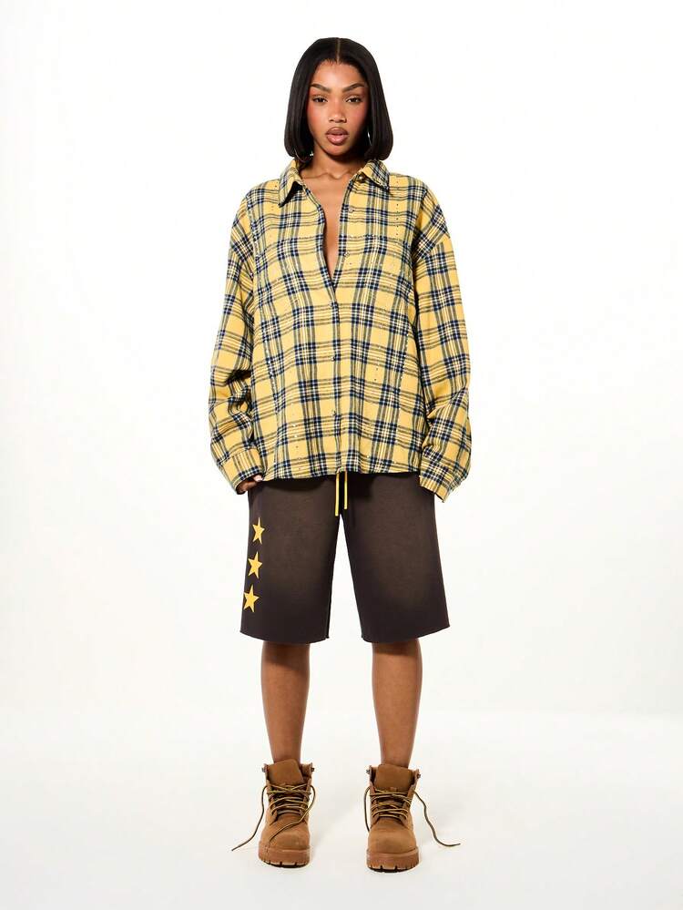 SUMWON WOMEN Oversized Plaid Rhinestone Button Blouse