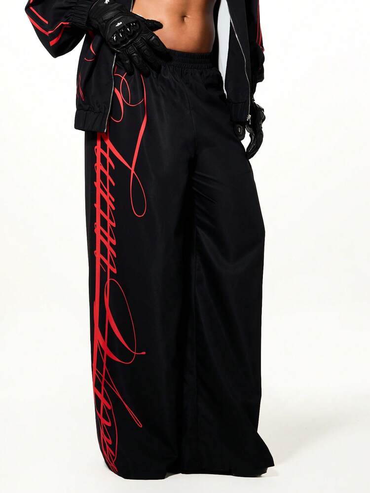 SUMWON WOMEN Wide Leg Track Pants With Red Graphics