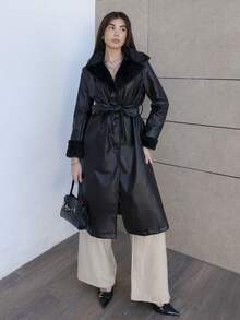 Hitanina Women's Casual Long Fluffy & PU Leather Splice Trench Coat, Autumn Fall Winter Cloth For Women - Black - View 1