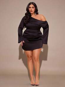 SHEIN BAE Plus Size Black Autumn Elegant Formal Evening Night Out Club Dress,Asymmetric Neckline Ruched Long Sleeve Open Back Dresses For Women Wedding Guest - Black - View 2