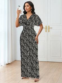Lunelith SHEIN Lunessa Bộ jumpsuit nữ cổ chữ V tay ngắn, in họa tiết sọc toàn thân, eo chun, ôm sát, thanh lịch, phong cách thường ngày. Jumpsuit nữ, jumpsuit phong cách boho, bộ đồ cỡ lớn, jumpsuit cỡ lớn, thanh lịch. - Nhiều màu - Xem 4
