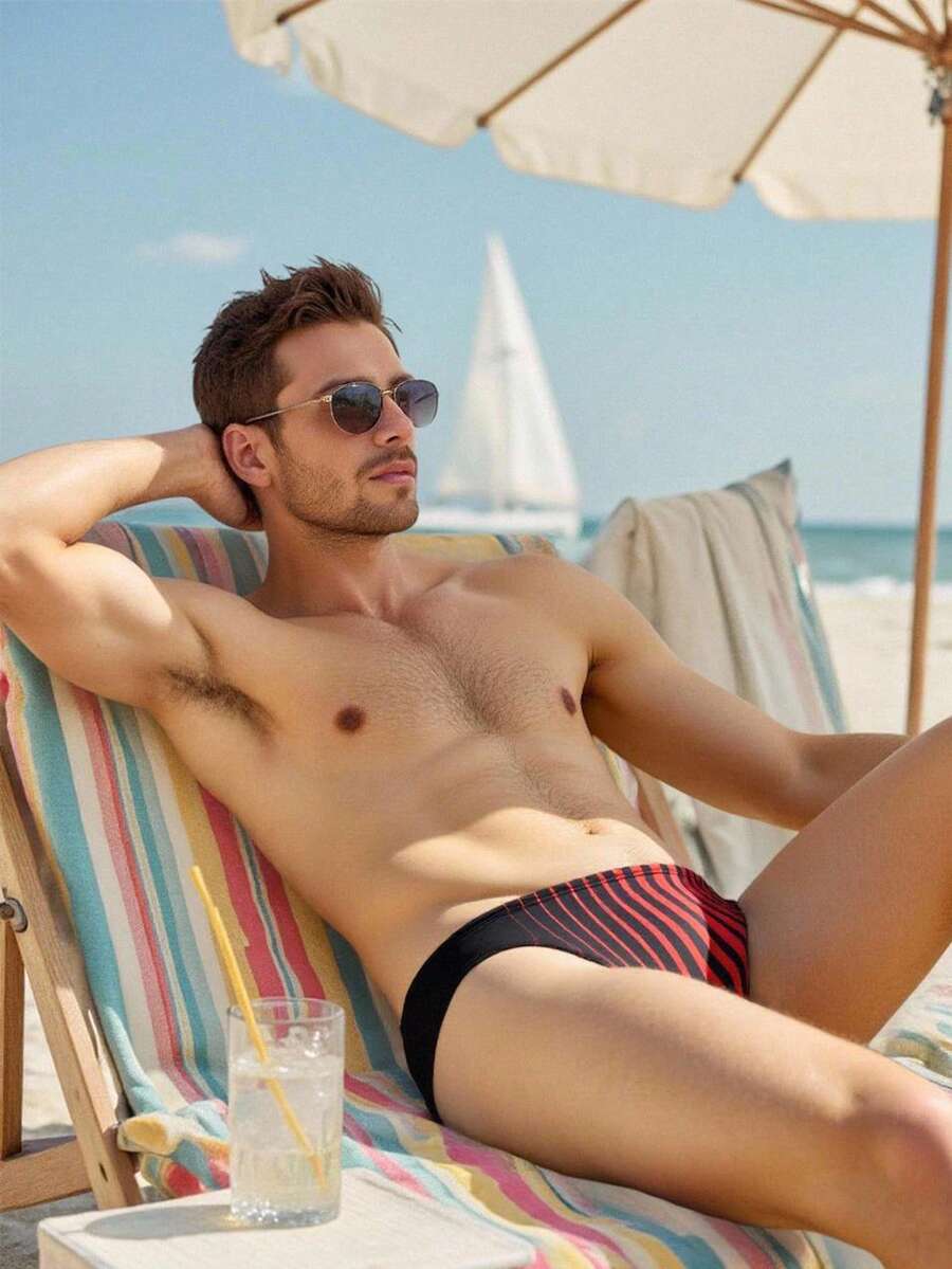 Manfinity Swimmode 男士条纹印花泳裤 - 黑色 - 查看 1