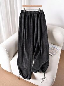 CosyJoli Quần ống đứng dệt kim họa tiết bông tuyết cỡ lớn, có túi, dây rút, dáng rộng, quần nữ thường ngày, quần mùa xuân cho nữ. - màu đen - Xem 2