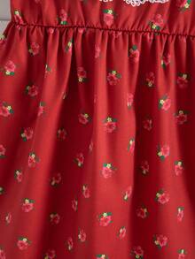 Young Girl' Cute Red Floral Print Dress, Lace Patchwork, Bow Decor, Comfortable Fabric, Suitable For Outings - Red - View 7