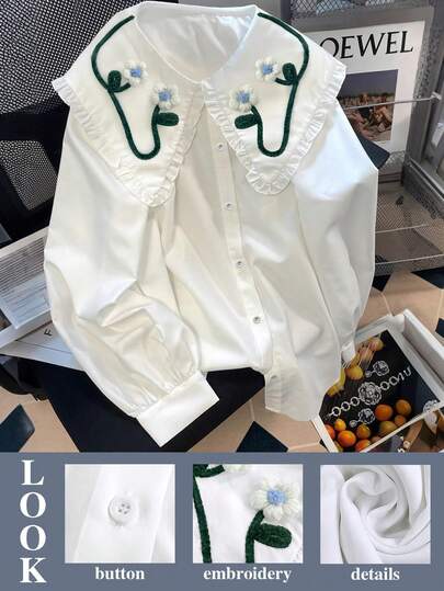 GlowEve CURVE Plus Size Floral Embroidered Decorative Long Sleeve Ruffled Collar Cute Blouse