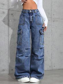 Teen Girl Y2K Punk Streetwear Casual Washed Low Rised Jeans Flap Pocket Pleated Wide-Leg Cargo Wide Leg Jeans Pants,Halloween,Christmas,Fall Winter Back To School Homecoming,Autumn - Dark Wash - View 1