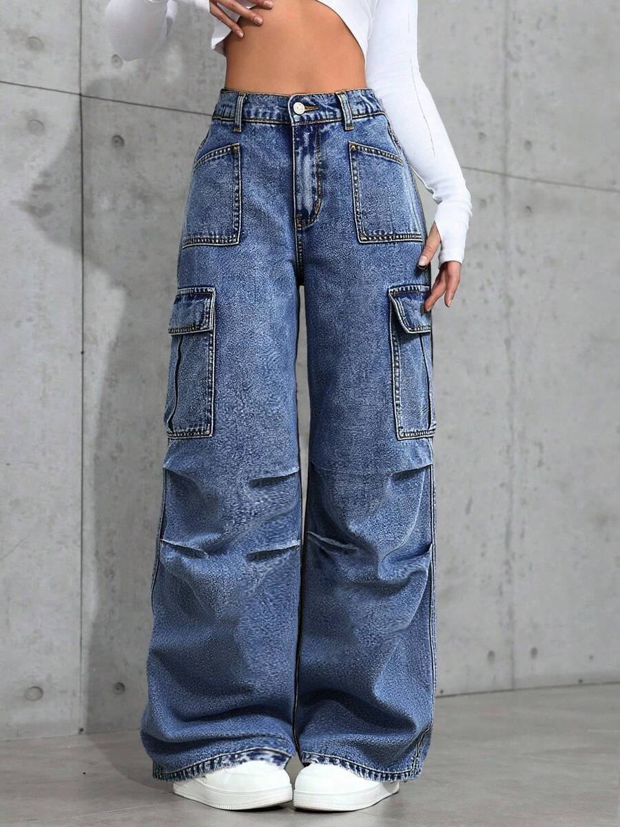 Teen Girl Y2K Punk Streetwear Casual Washed Low Rised Jeans Flap Pocket Pleated Wide-Leg Cargo Wide Leg Jeans Pants,Halloween,Christmas,Fall Winter Back To School Homecoming,Autumn - Dark Wash - View 1