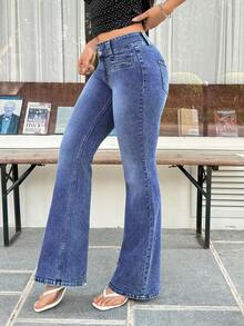 Flirla Quần jeans ống loe cạp thấp, giặt mài, phong cách thường ngày - Màu xanh lam - Xem 5
