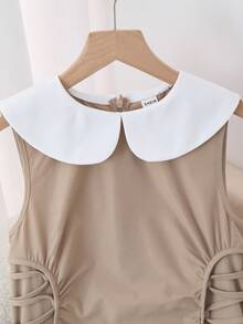 SHEIN Tween Girl Fashionable & Elegant Khaki Dress With White Peter Pan Collar Sleeveless Cinched Waist A-Line Midi Dress Tween Girls Casual Chic Commuter Elegant Khaki Dress - Khaki - View 13