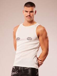 FeverCity Men's Summer Fashion Rhinestone Red Lip Tank Top - White - View 2