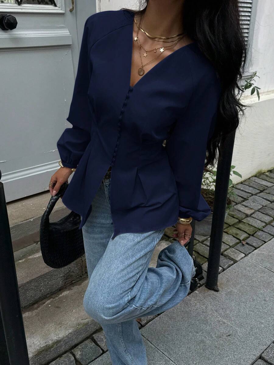 Siren Gaze Women's Casual, Vacation, Daily, Workplace Commute Simple Solid Color Lantern Sleeve Cinched Waist Blouse, Spring/Autumn Elegant - Navy Blue - View 1