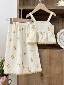 SHEIN 女婴休闲度假时尚修身舒适棉质梭织吊带背心拼接荷叶边下摆上衣和阔腿裤套装 - 彩色 - 查看 5