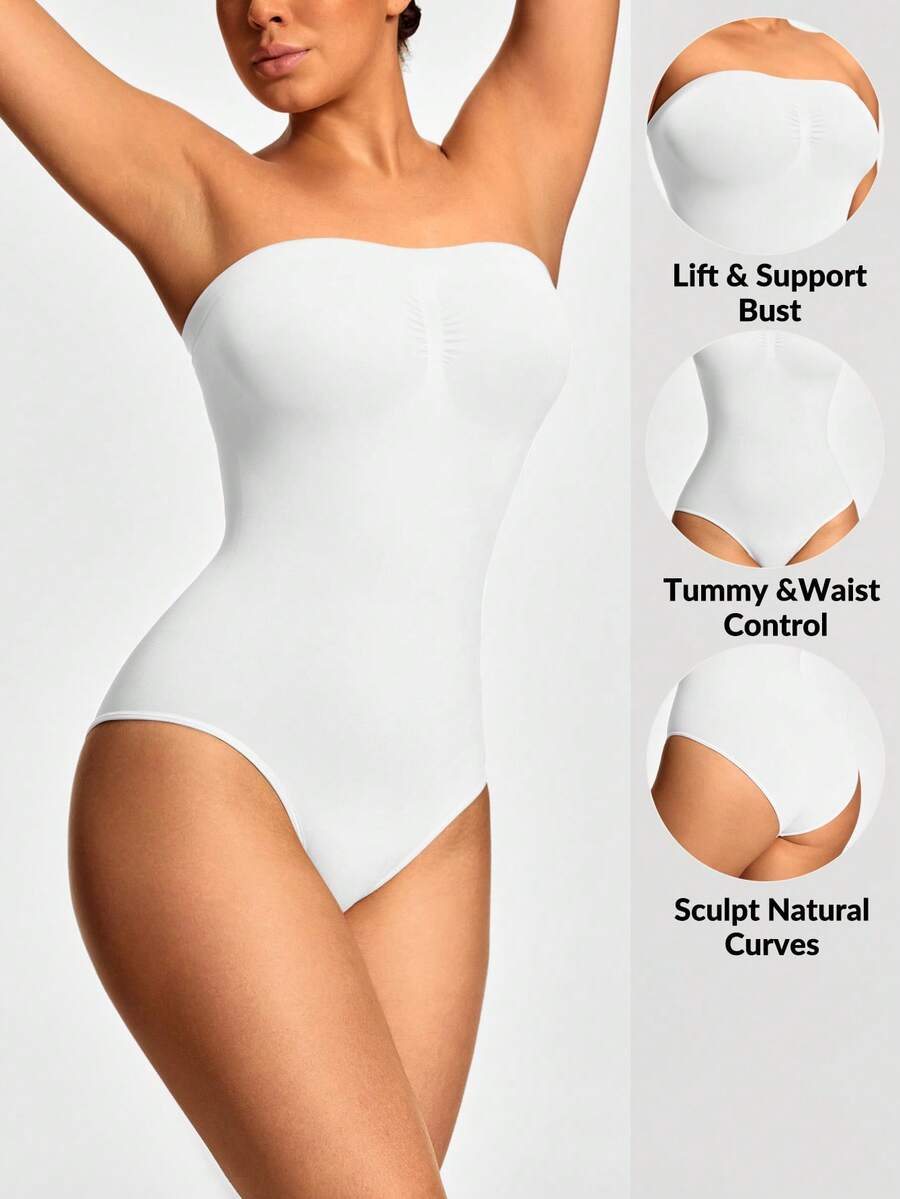 SHAPORA Women's Solid Color Minimalist Bandeau Bodysuit, Fashionable Slim Fit - White - View 1