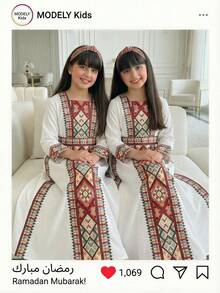 女童斋月长袍连衣裙，长袖，菱形印花，腰部系带，适合春夏穿着 - 白色 - 查看 4