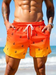CoralVoy Pantalones cortos de playa con estampado de ancla degradado, cintura con cordón y bolsillo en diagonal, estilo de vacaciones de verano para hombres - Naranja Coral - Ver 3
