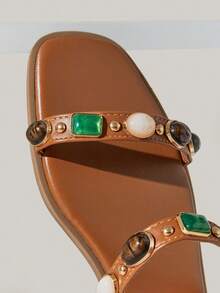 SHUZIA 女士简约舒适耐穿双带金属装饰平底凉鞋 - 紫紅色 - 查看 11