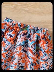 SHEIN 女童针织背心+印花裙两件套，适合日常通勤、外出，展现活泼可爱风格，小女孩两件套女童夏装套装，小女孩套装夏季 - 橘色 - 查看 5