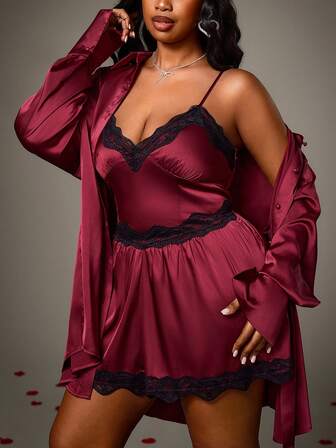 Truni Ensemble sexy en 2 pièces en satin, patchwork de dentelle rouge et noire pour femmes grande taille, pour la Saint-Valentin