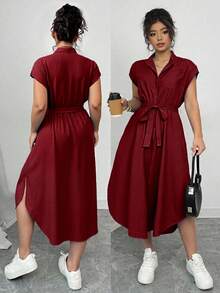 Elenzga Plus Size Women's Elegant Alice Fabric Shirt Collar Raglan Sleeve Waist Tie Bow Wooden Button Spring/Summer New Versatile Casual Club Fashionable Design Dress - Burgundy - View 1